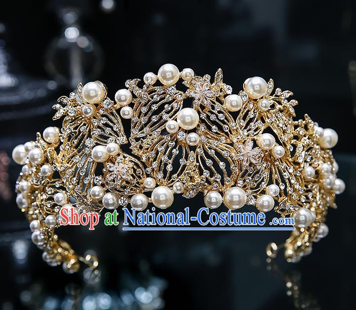 Handmade Baroque Golden Royal Crown Wedding Hair Accessories Classical European Bride Headwear Hair Clasp