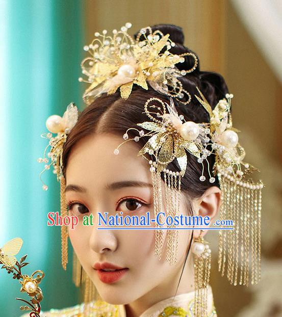 Chinese Handmade Golden Leaf Hair Comb Classical Wedding Hair Accessories Ancient Bride Hairpins Hair Crown Complete Set