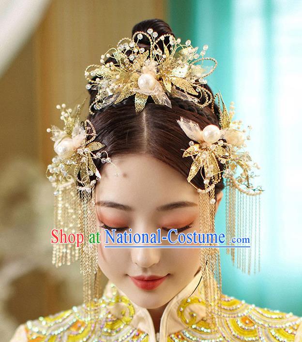 Chinese Handmade Golden Leaf Hair Comb Classical Wedding Hair Accessories Ancient Bride Hairpins Hair Crown Complete Set