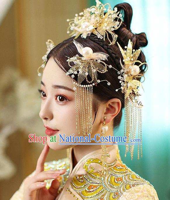 Chinese Handmade Golden Leaf Hair Comb Classical Wedding Hair Accessories Ancient Bride Hairpins Hair Crown Complete Set