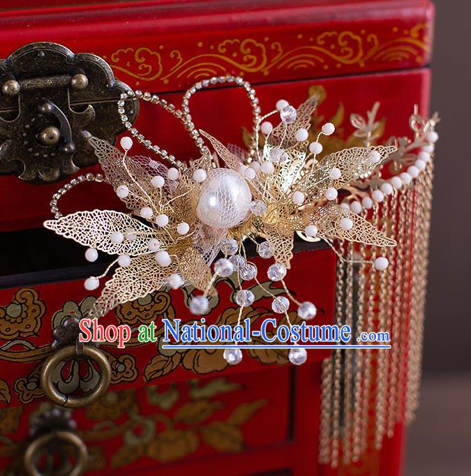 Chinese Handmade Golden Leaf Hair Comb Classical Wedding Hair Accessories Ancient Bride Hairpins Hair Crown Complete Set