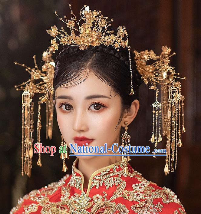 Chinese Handmade Golden Hair Crown Classical Wedding Hair Accessories Ancient Bride Hairpins Tassel Step Shake Complete Set