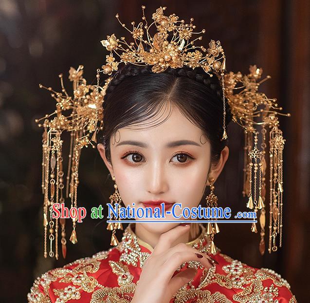 Chinese Handmade Golden Hair Crown Classical Wedding Hair Accessories Ancient Bride Hairpins Tassel Step Shake Complete Set