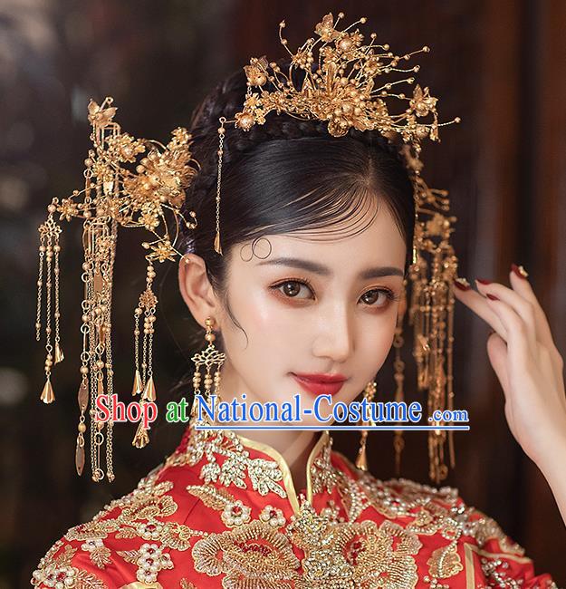 Chinese Handmade Golden Hair Crown Classical Wedding Hair Accessories Ancient Bride Hairpins Tassel Step Shake Complete Set