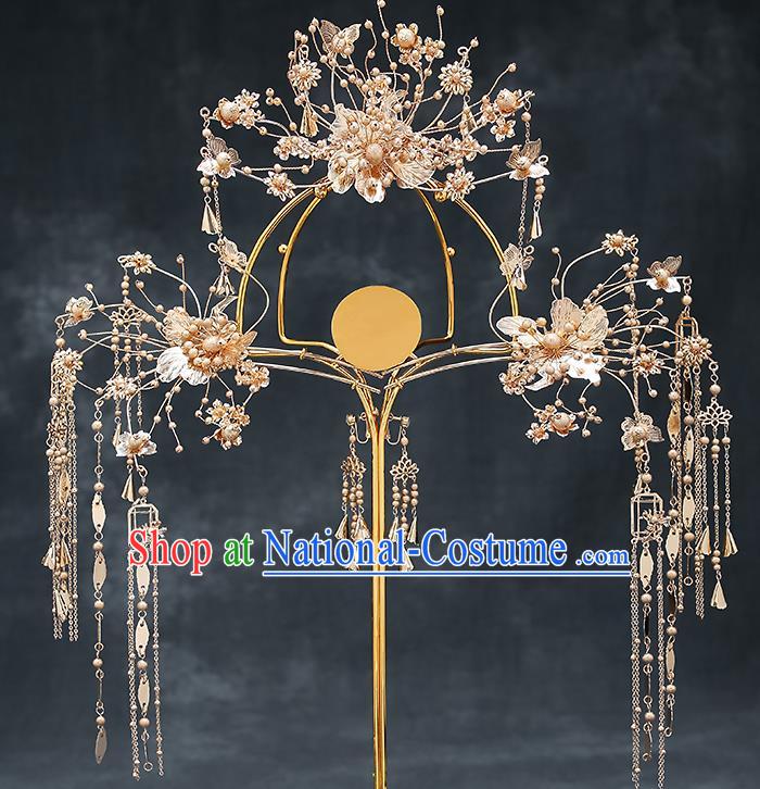 Chinese Handmade Golden Hair Crown Classical Wedding Hair Accessories Ancient Bride Hairpins Tassel Step Shake Complete Set