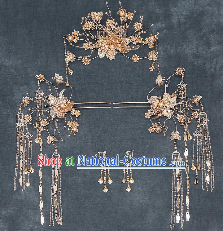 Chinese Handmade Golden Hair Crown Classical Wedding Hair Accessories Ancient Bride Hairpins Tassel Step Shake Complete Set