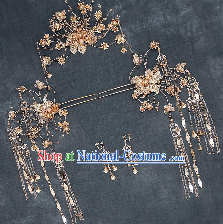 Chinese Handmade Golden Hair Crown Classical Wedding Hair Accessories Ancient Bride Hairpins Tassel Step Shake Complete Set