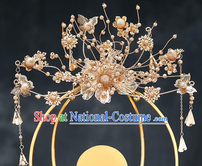 Chinese Handmade Golden Hair Crown Classical Wedding Hair Accessories Ancient Bride Hairpins Tassel Step Shake Complete Set