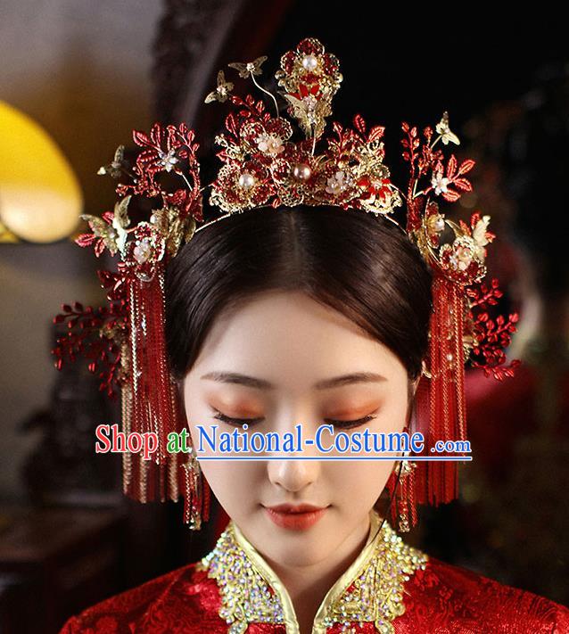 Chinese Handmade Red Tassel Hair Crown Classical Wedding Hair Accessories Ancient Bride Hairpins Complete Set