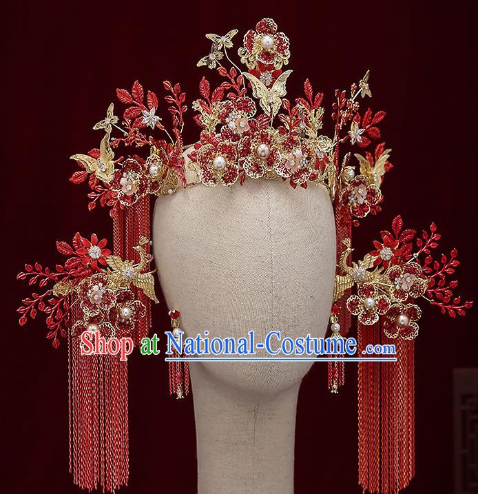 Chinese Handmade Red Tassel Hair Crown Classical Wedding Hair Accessories Ancient Bride Hairpins Complete Set