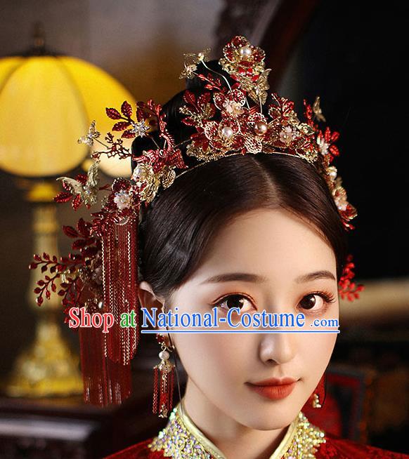 Chinese Handmade Red Tassel Hair Crown Classical Wedding Hair Accessories Ancient Bride Hairpins Complete Set