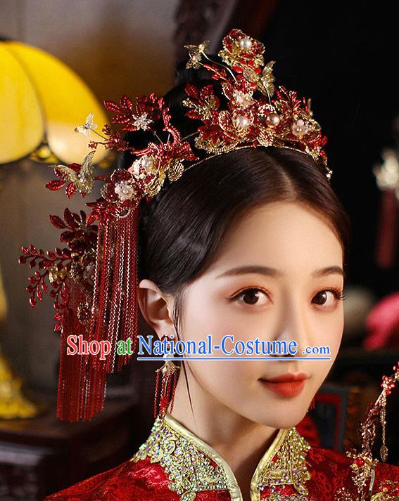 Chinese Handmade Red Tassel Hair Crown Classical Wedding Hair Accessories Ancient Bride Hairpins Complete Set