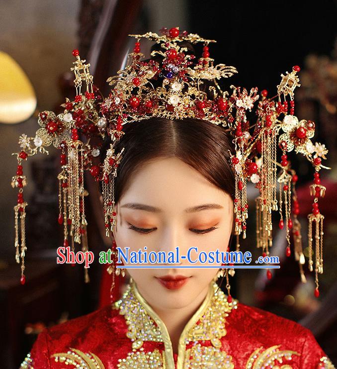 Chinese Handmade Red Beads Hair Crown Classical Wedding Hair Accessories Ancient Bride Phoenix Coronet Hairpins Complete Set