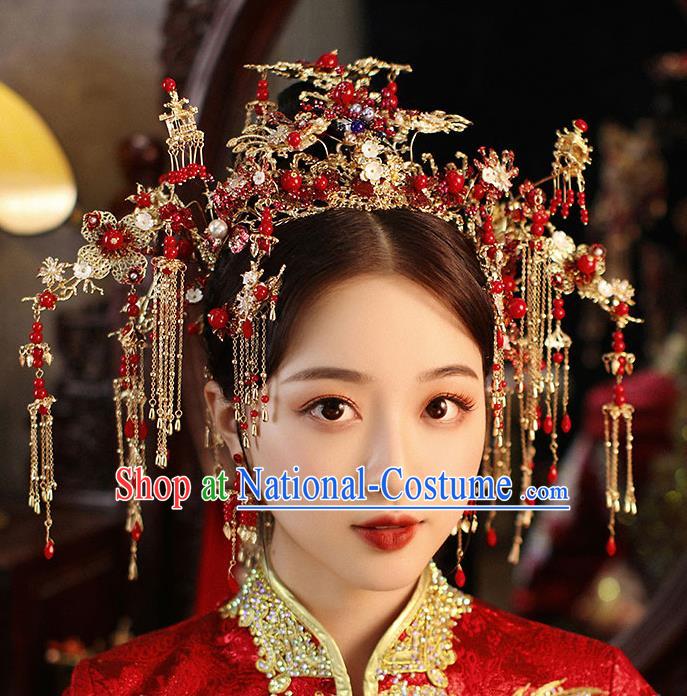 Chinese Handmade Red Beads Hair Crown Classical Wedding Hair Accessories Ancient Bride Phoenix Coronet Hairpins Complete Set