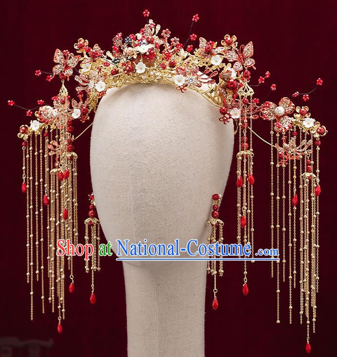 Chinese Handmade Red Beads Hair Crown Classical Wedding Hair Accessories Ancient Bride Phoenix Coronet Hairpins Complete Set