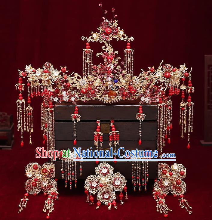 Chinese Handmade Red Beads Hair Crown Classical Wedding Hair Accessories Ancient Bride Phoenix Coronet Hairpins Complete Set