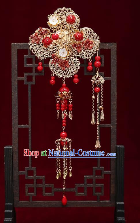 Chinese Handmade Red Beads Hair Crown Classical Wedding Hair Accessories Ancient Bride Phoenix Coronet Hairpins Complete Set