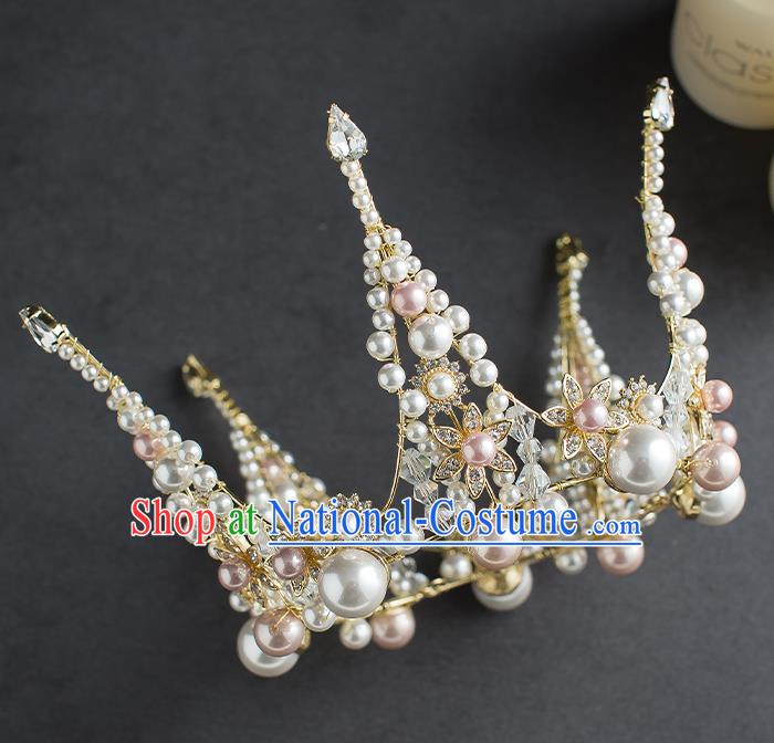 Handmade Baroque Pearls Round Royal Crown Wedding Hair Accessories Classical European Bride Headwear Hair Clasp