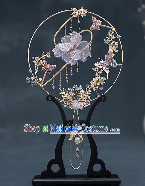 Chinese Handmade Lilac Silk Flowers Palace Fans Classical Fans Ancient Bride Props Round Fans