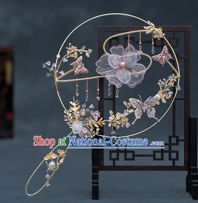 Chinese Handmade Lilac Silk Flowers Palace Fans Classical Fans Ancient Bride Props Round Fans