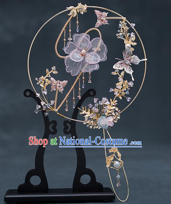 Chinese Handmade Lilac Silk Flowers Palace Fans Classical Fans Ancient Bride Props Round Fans