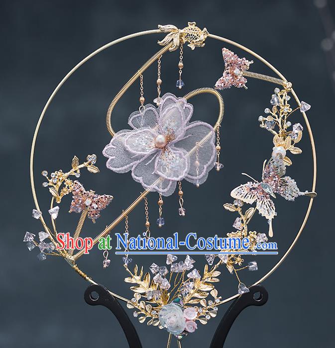 Chinese Handmade Lilac Silk Flowers Palace Fans Classical Fans Ancient Bride Props Round Fans