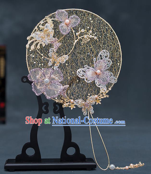 Chinese Handmade Golden Palace Fans Classical Fans Ancient Bride Props Lilac Butterfly Flowers Round Fans