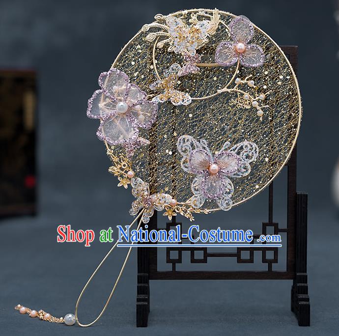 Chinese Handmade Golden Palace Fans Classical Fans Ancient Bride Props Lilac Butterfly Flowers Round Fans