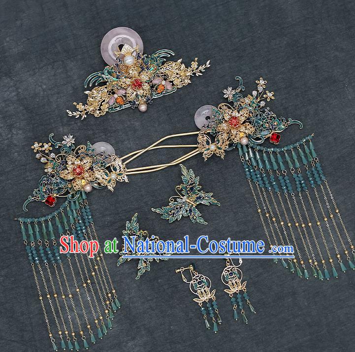 Chinese Handmade Jade Hair Crown Classical Wedding Hair Accessories Ancient Bride Hair Comb Hairpins Complete Set