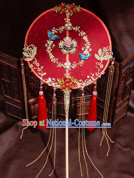 Chinese Handmade Tassel Palace Fans Classical Fans Ancient Bride Props Red Silk Round Fans