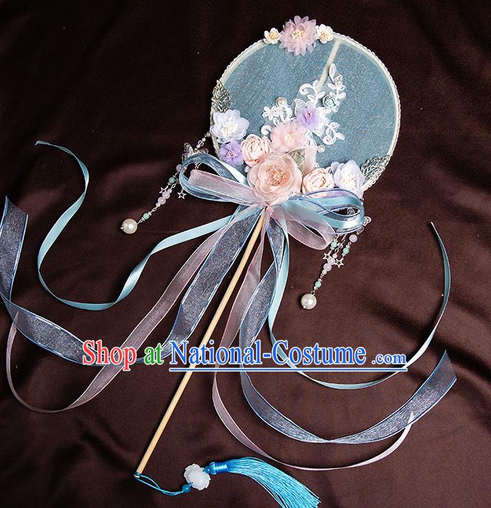 Chinese Handmade Silk Rose Flowers Palace Fans Classical Fans Ancient Bride Props Ribbon Round Fans