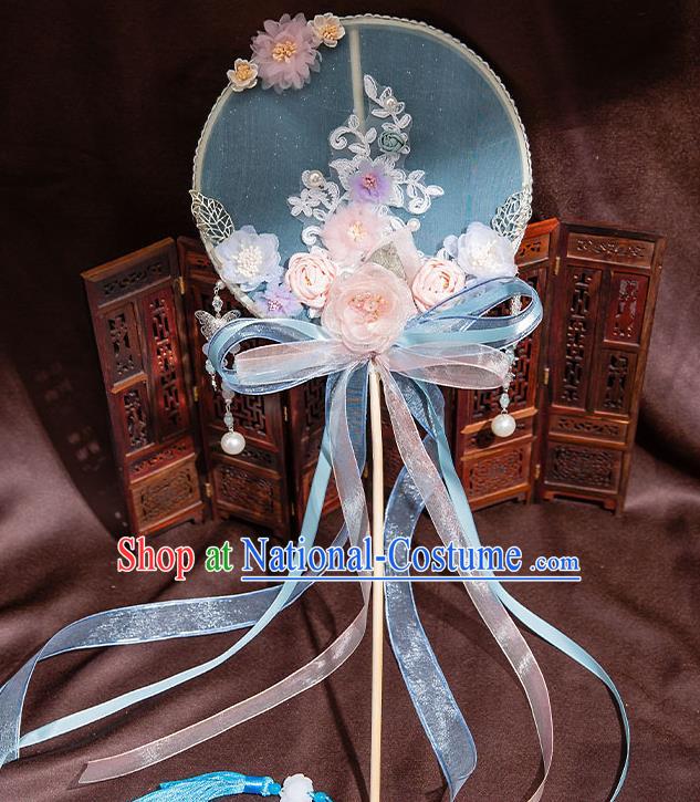 Chinese Handmade Silk Rose Flowers Palace Fans Classical Fans Ancient Bride Props Ribbon Round Fans