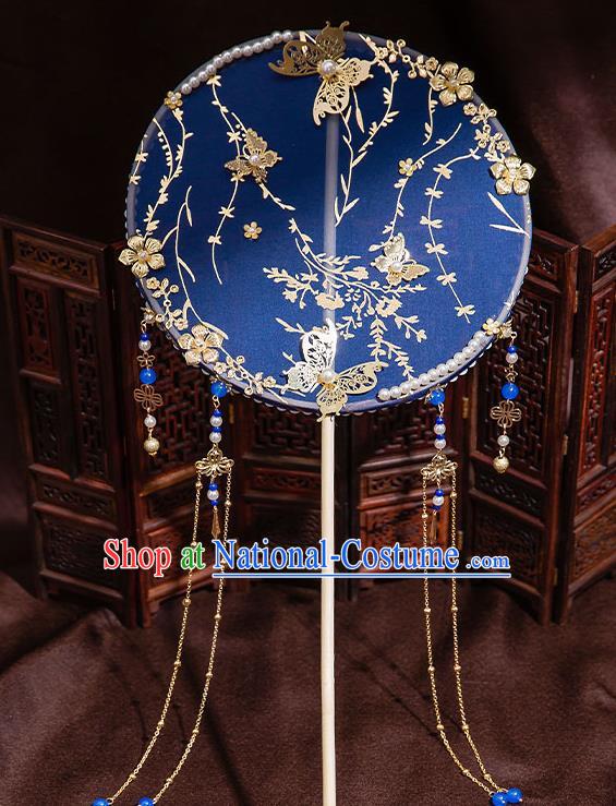 Chinese Handmade Royalblue Silk Palace Fans Classical Fans Ancient Bride Props Tassel Round Fans