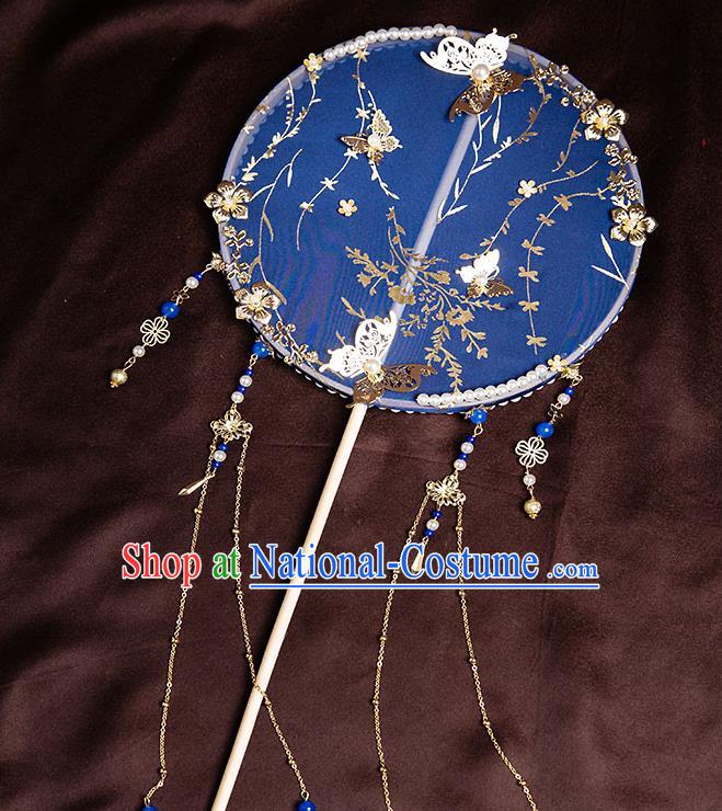 Chinese Handmade Royalblue Silk Palace Fans Classical Fans Ancient Bride Props Tassel Round Fans