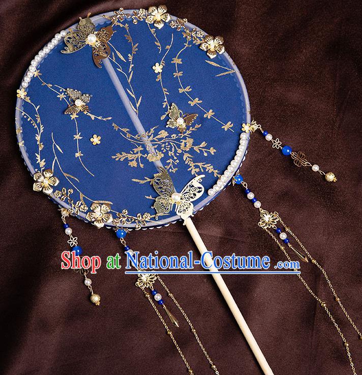 Chinese Handmade Royalblue Silk Palace Fans Classical Fans Ancient Bride Props Tassel Round Fans