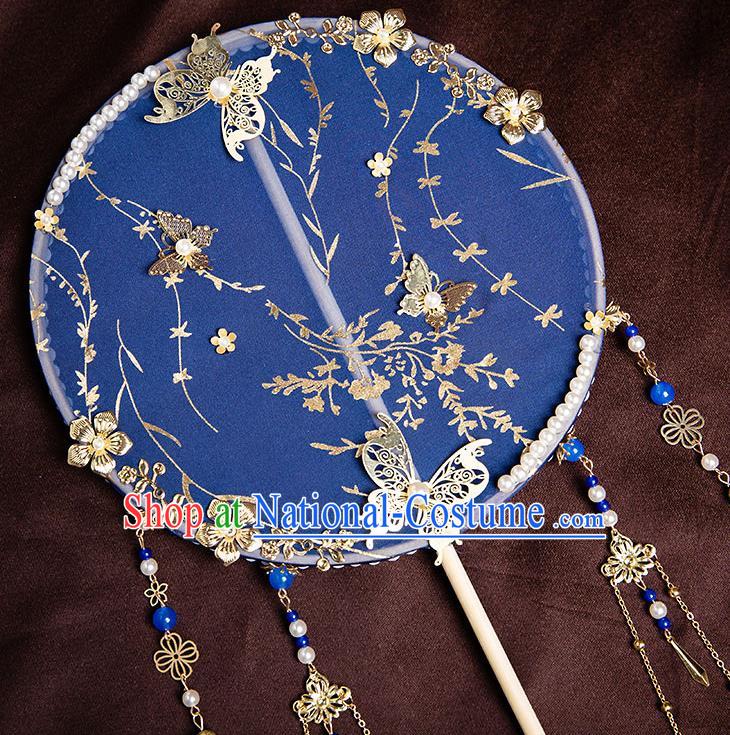 Chinese Handmade Royalblue Silk Palace Fans Classical Fans Ancient Bride Props Tassel Round Fans