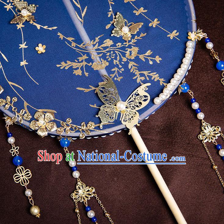 Chinese Handmade Royalblue Silk Palace Fans Classical Fans Ancient Bride Props Tassel Round Fans