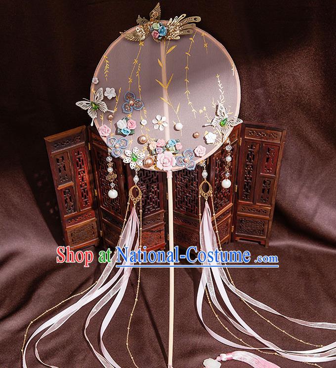 Chinese Handmade Pink Silk Palace Fans Classical Fans Ancient Bride Props Ribbon Tassel Round Fans