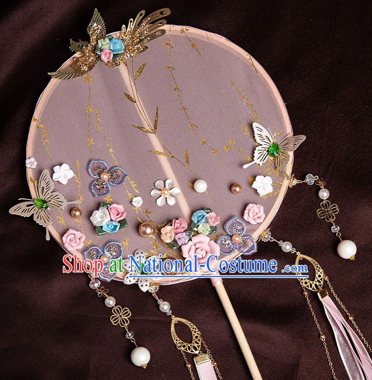 Chinese Handmade Pink Silk Palace Fans Classical Fans Ancient Bride Props Ribbon Tassel Round Fans