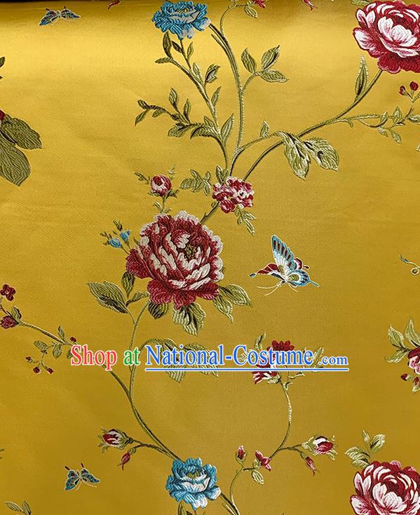 Chinese Traditional Butterfly Peony Pattern Yellow Silk Fabric Brocade Drapery Hanfu Dress Damask Material