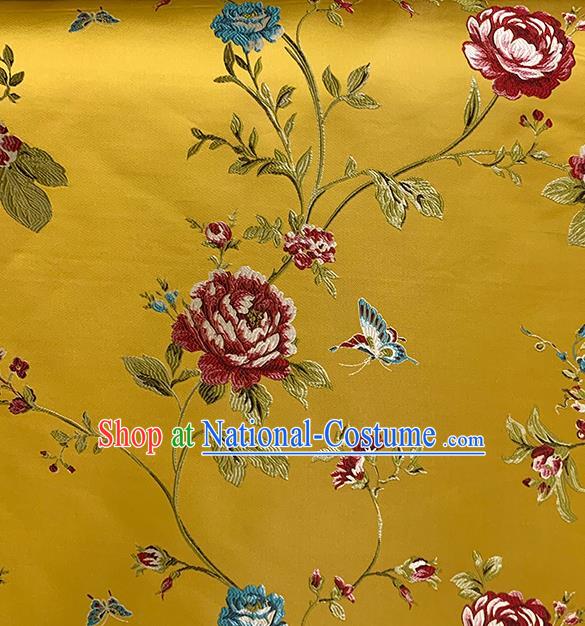 Chinese Traditional Butterfly Peony Pattern Yellow Silk Fabric Brocade Drapery Hanfu Dress Damask Material