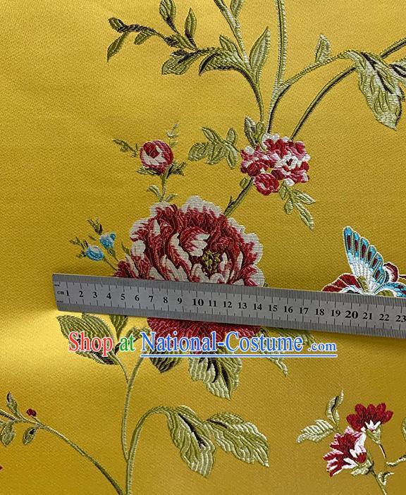 Chinese Traditional Butterfly Peony Pattern Yellow Silk Fabric Brocade Drapery Hanfu Dress Damask Material