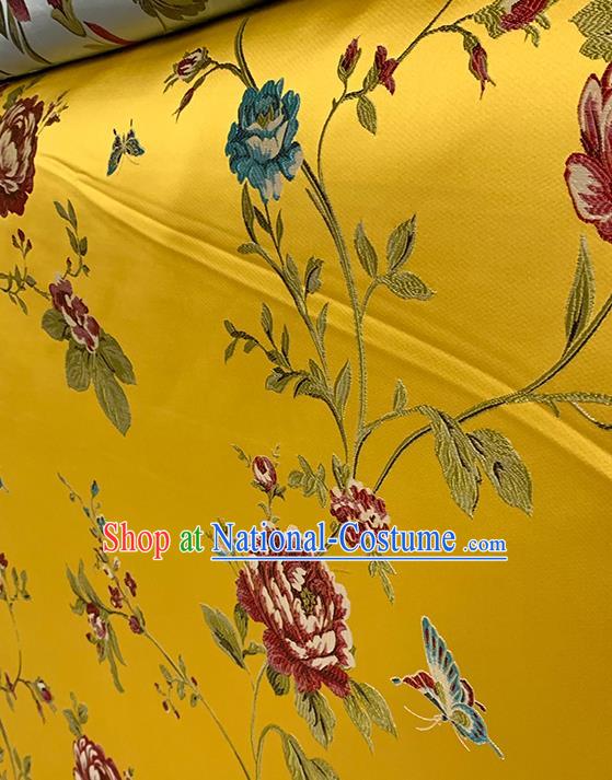 Chinese Traditional Butterfly Peony Pattern Yellow Silk Fabric Brocade Drapery Hanfu Dress Damask Material