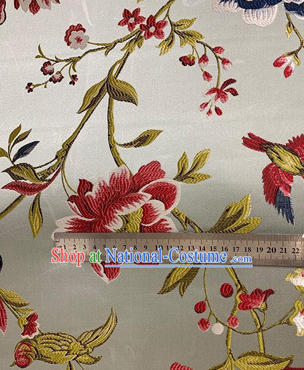 Chinese Traditional Peony Birds Pattern Beige Silk Fabric Brocade Drapery Hanfu Dress Damask Material