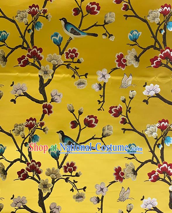 Chinese Traditional Magpie Plum Pattern Yellow Silk Fabric Brocade Drapery Hanfu Dress Damask Material