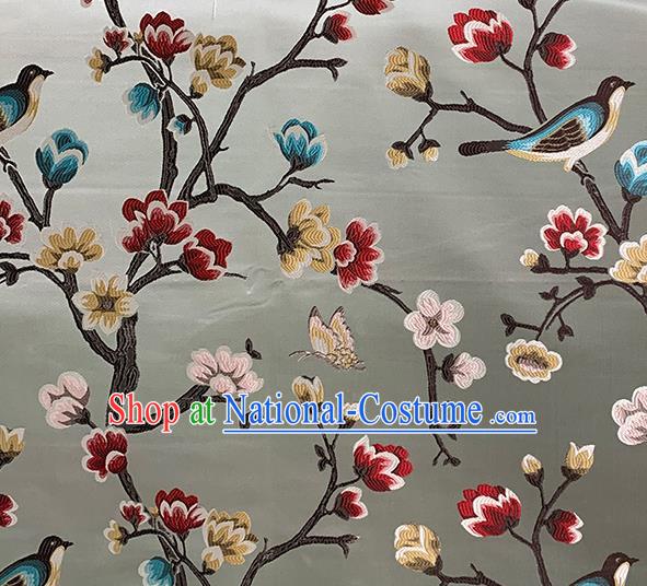 Chinese Traditional Magpie Plum Pattern Grey Silk Fabric Brocade Drapery Hanfu Dress Damask Material