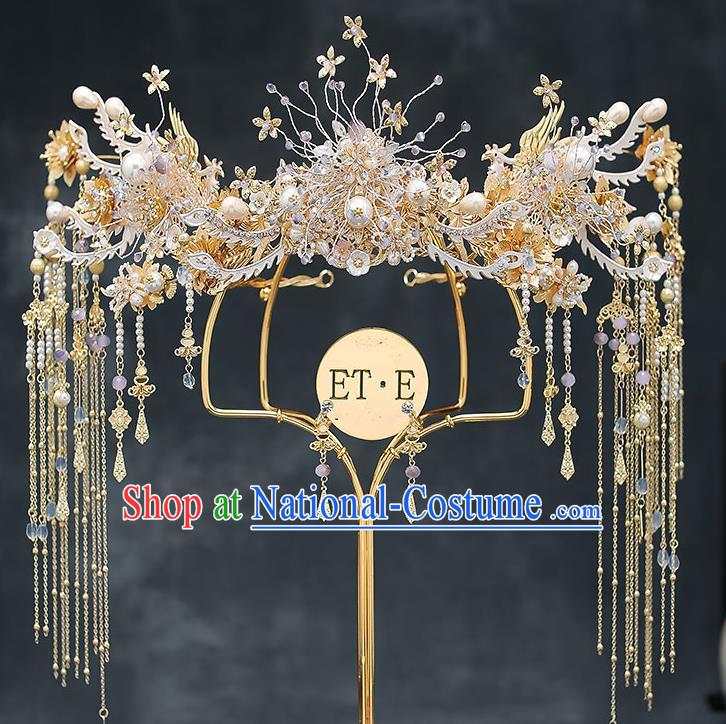 Chinese Handmade Golden Tassel Hair Crown Classical Wedding Hair Accessories Ancient Bride Phoenix Coronet Hairpins Complete Set