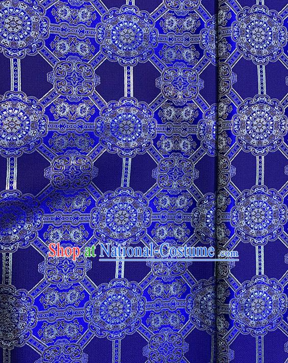 Chinese Traditional Gesang Flowers Pattern Deep Blue Silk Fabric Brocade Drapery Tibetan Robe Damask Material