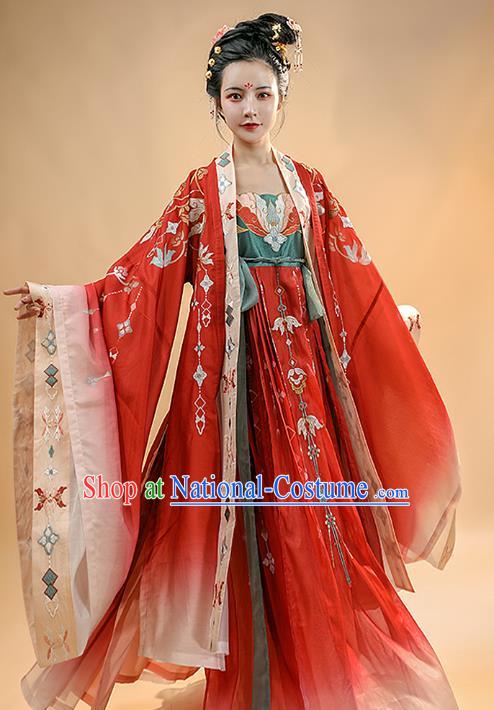 Chinese Ancient Tang Dynasty Imperial Concubine Historical Costumes Traditional Hanfu Apparels Embroidered Red Cape and Dress