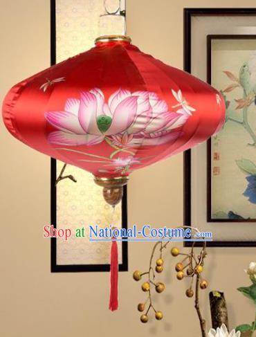 Chinese Traditional Printing Lotus Red Silk Palace Lanterns Handmade Hanging Lantern New Year Classical Lamp